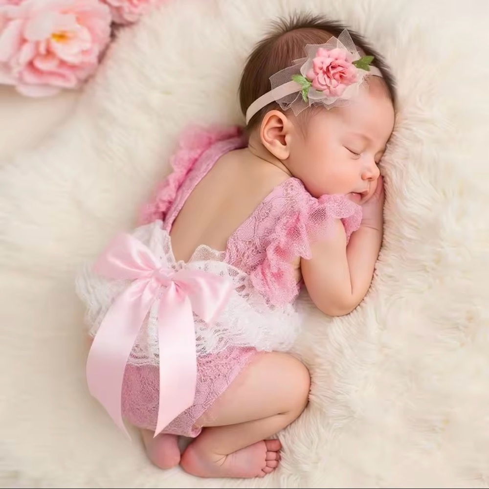 Pink Lace Baby Girl Romper Set with Bow Headband. Size 1-3 months